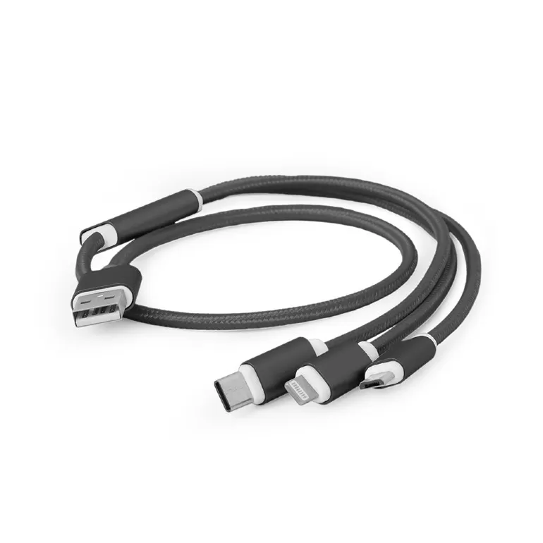USB 3-in-1 charging cable, pleteni ojacan, metalni konektori, 1 m, black