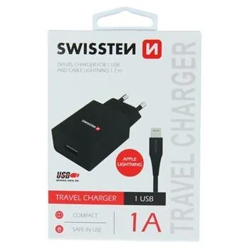 Swissten Travel charger smart IC with 1x USB 1A, data cable USB/Lightning 1.2 M, black 