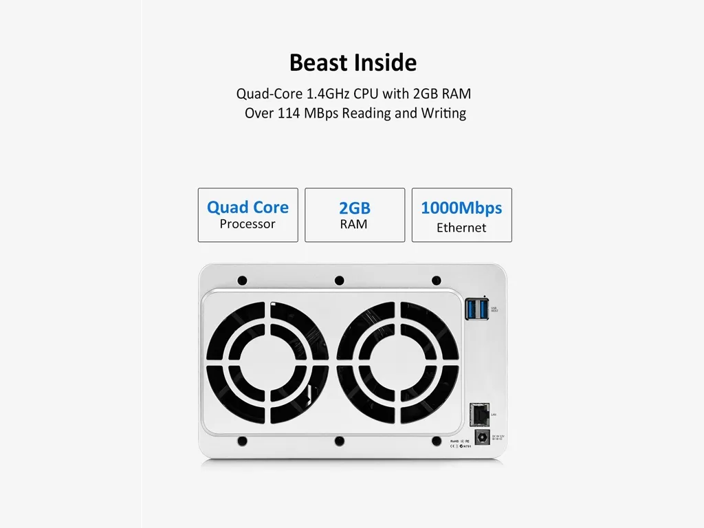 TerraMaster F4-210 4-Bay Home NAS, Quad Core 1.4GHz, 2GB RAM, up to 72TB, 1GbE LAN, USB 3.0*2