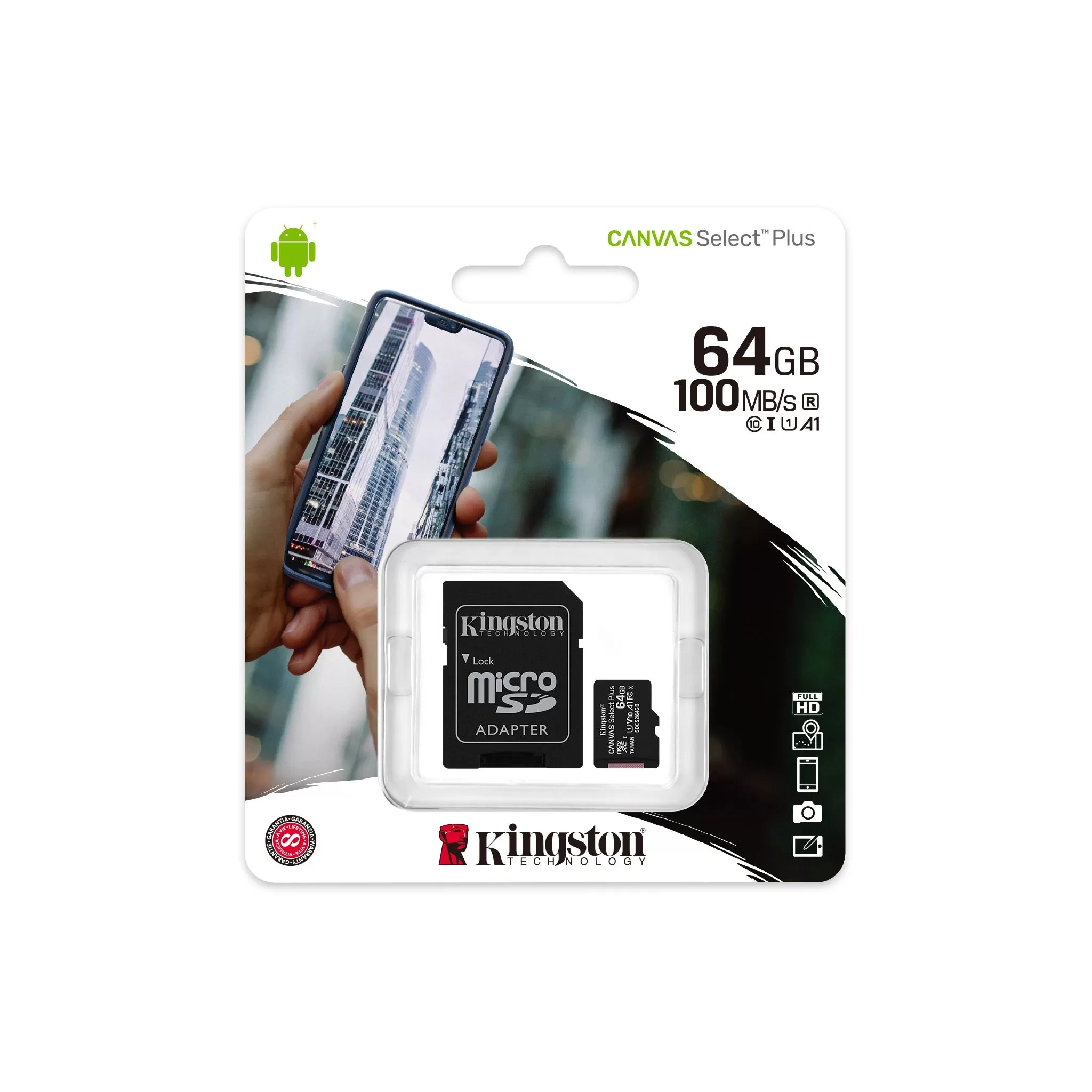 Kingston Micro SDHC 64GB Canvas Select Plus C10 + SD Adapter, A1, V10, up to 100 MB/s